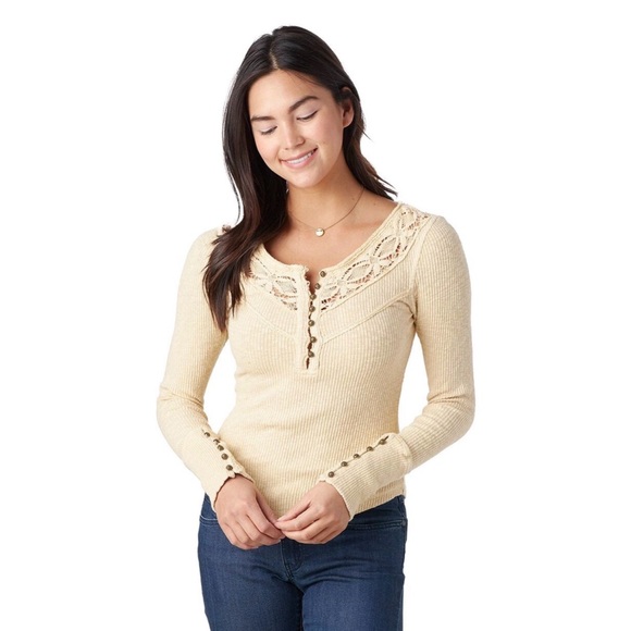 Free People Cream Lace Button Come on Over Stretch Henley Sz Large (Sm/Med) - Picture 13 of 16